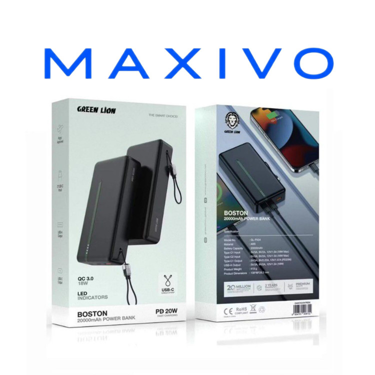 پاور بانک فست شارژ گرین لاین Boston GL-PX34 GNBOS20KPBBK QC3.0 PD 20W ظرفیت 20000 میلی آمپر ساعت